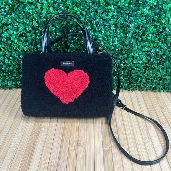 Kate Spade Sam Icon Intarsia Heart Faux Shearling Small Tote Pre-owned Excellent - Picture 1 of 12